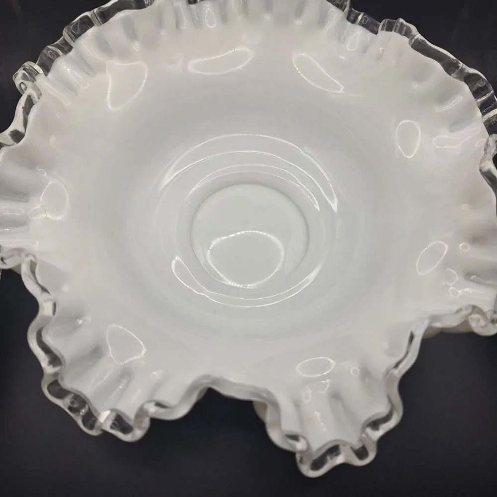 Fenton Silver Crest Ruffle‎ Bowl White Milk Glass Clear Edge 10 Inch Unmarked